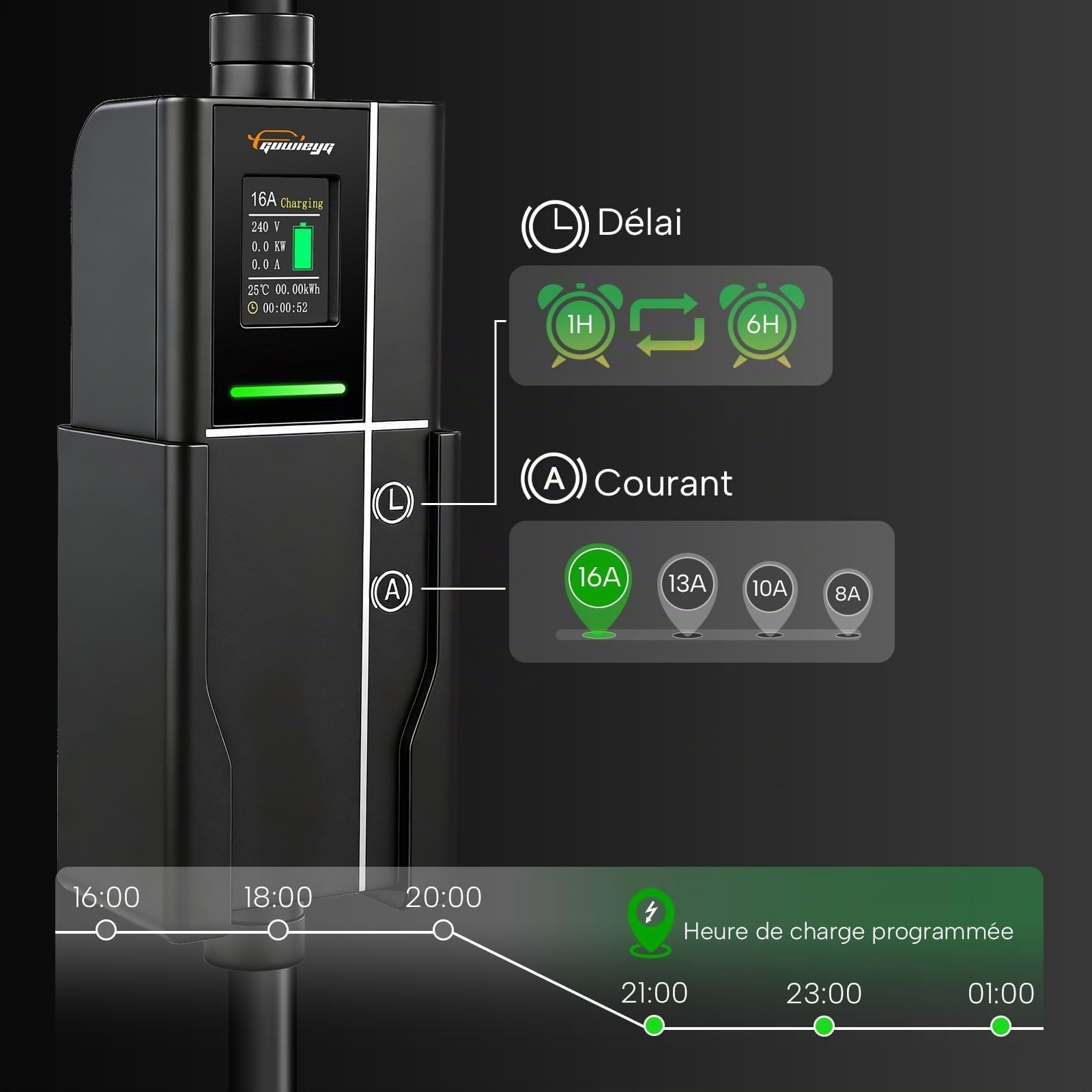 Type 1 Chargeur Voiture Electrique 3,5kW/16A/5m, Chargeur EV Schuko | avec Adaptateur Type 1 vers Type 2, Courant Réglable 8A-16A avec Étui de Transport, Écran LED, Minuteur de 6 heures, IP66