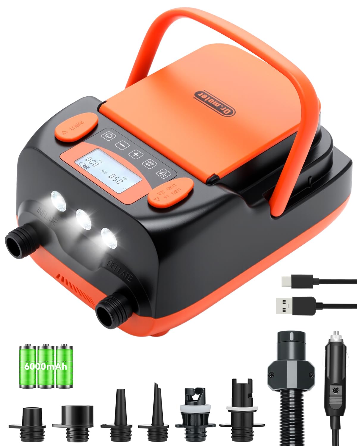 Dr.meter 6000mAh Wiederaufladbare Elektrische SUP Pumpe, SUP Pumpe Elektrisch Akku mit Auto-Off, Kann 4 SUPs Aufladen, 2 USB Anschlüssen und 3 LED Lichtern für SUP-Boards, Boote, Zelte, Kajak