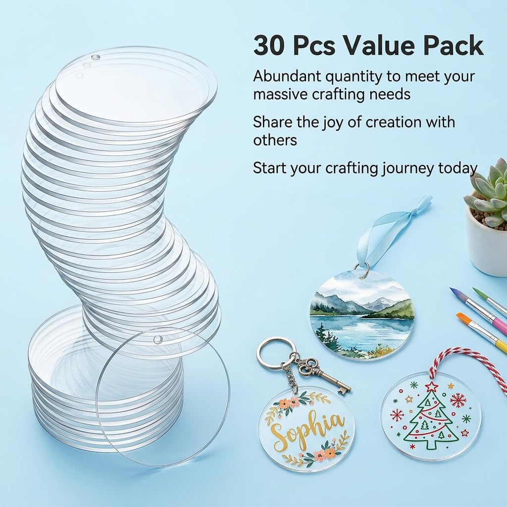 30 discos acrílicos redondos con agujero de 7,5 cm, placas de 1 mm de grosor, transparentes para plóter en blanco, placa de cristal acrílico para pintar, llaveros, manualidades y decoración de bodas