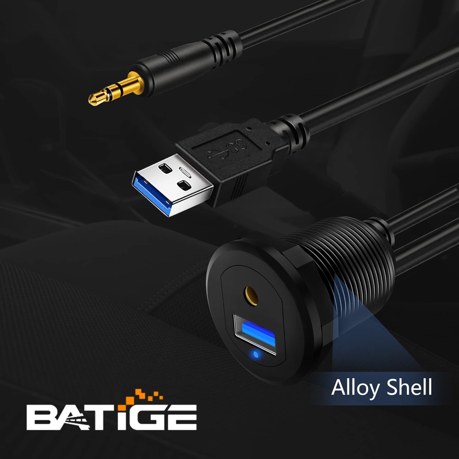 Metall-USB 3.0 & 3,5 mm Auto-Halterung, bündiges Kabel mit LED-Umgebungslicht, AUX-Verlängerung, Armaturenbrett, wasserdicht, für Auto, Boot und Motorrad, 91 cm