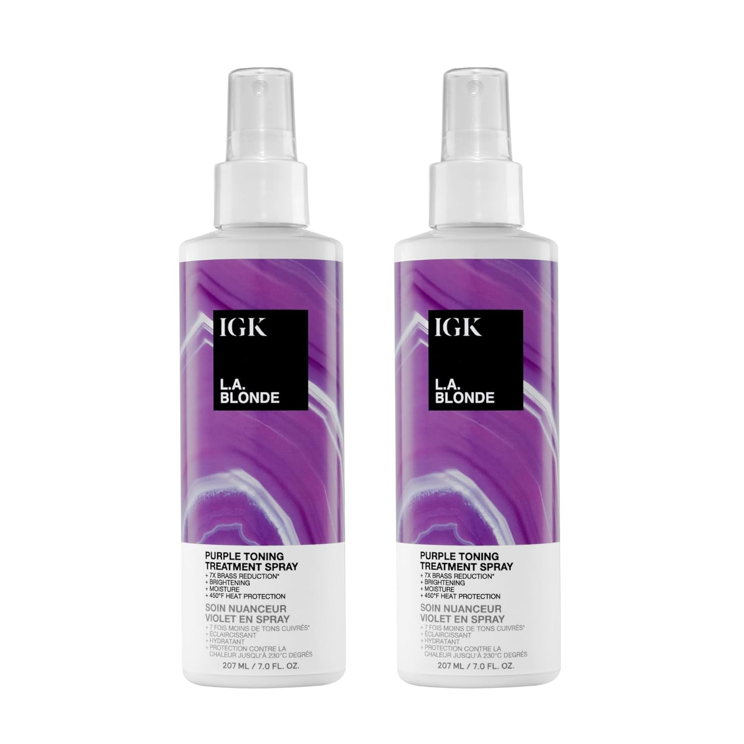 IGK L.A. Blonde Purple Toning Treatment Spray 2 pack – Leave-In Violet Spray That Neutralizes Brass, Brightens Blonde, Hydrates & Provides 450°F Heat Protection – Vegan & Color-Safe