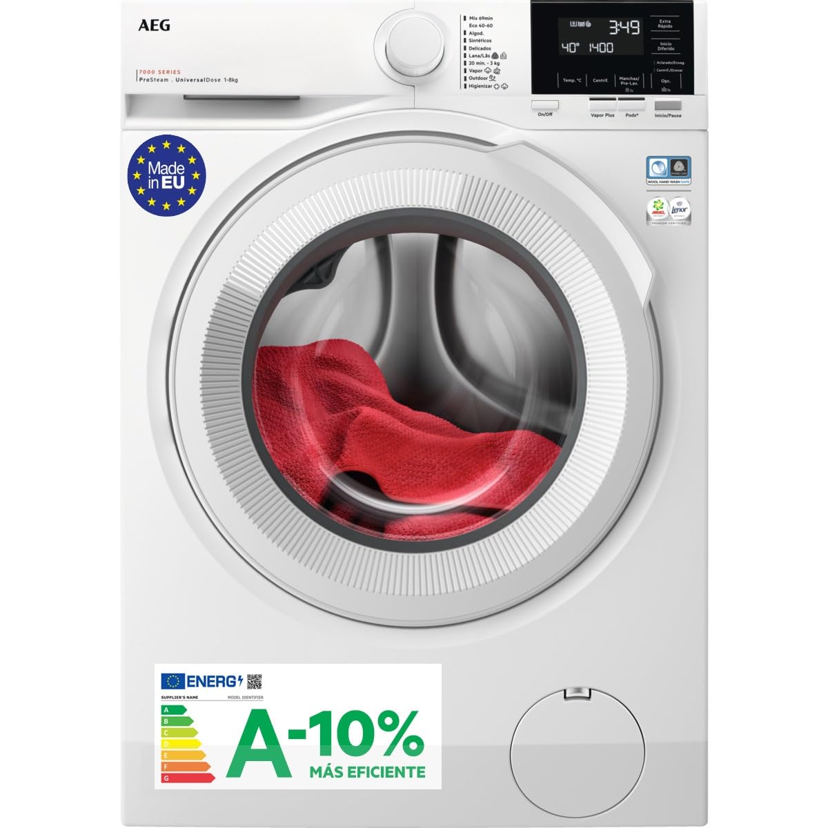 AEG LFR7184N2V, Front Load Washing Machine 8 kg, 1400 rpm, Free Installation, Steam Function, Quick Wash, Universal Drawer, Inverter Motor, LCD/LED Display, 7000 Series, White, Class A Energy Label
