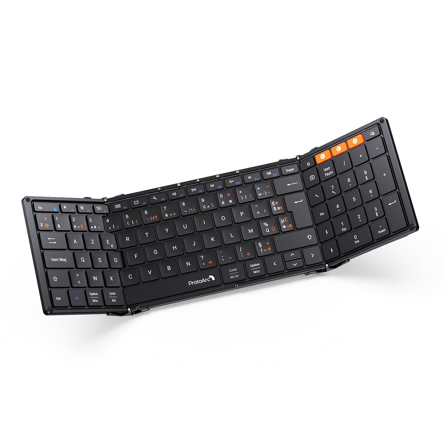 ProtoArc XK01 Clavier Bluetooth Pliable AZERTY avec Pavé Numérique | 105 Touches, 3 Appareils Bluetooth, Rechargeable, Compatible avec Android Windows iOS Téléphone Tablette iPad