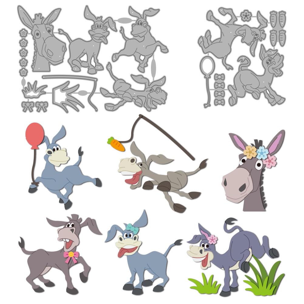 MAYJOYDIY Funny Donkey Metal Die Cuts Cute Animals Cutting Dies Bow Balloon Embossing Template Carrot Grass Carbon Steel Cutting Stencils for Card Making DIY Scrapbooking Album Gift Decoration
