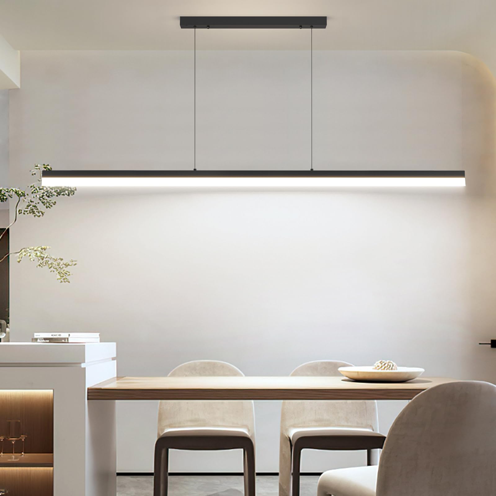 FANLG Led-hanglamp voor eettafel, 100 cm, zwart, dimbaar, met afstandsbediening, 36 W, lineaire hanglamp, modern, in hoogte verstelbare kroonluchter voor eetkamer, keuken, kantoor
