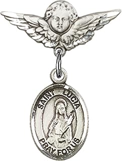 Sterling Silver Baby Badge with St. Lucia of Syracuse Charm and Angel w/Wings Badge Pin 7/8 X 3/4 inches