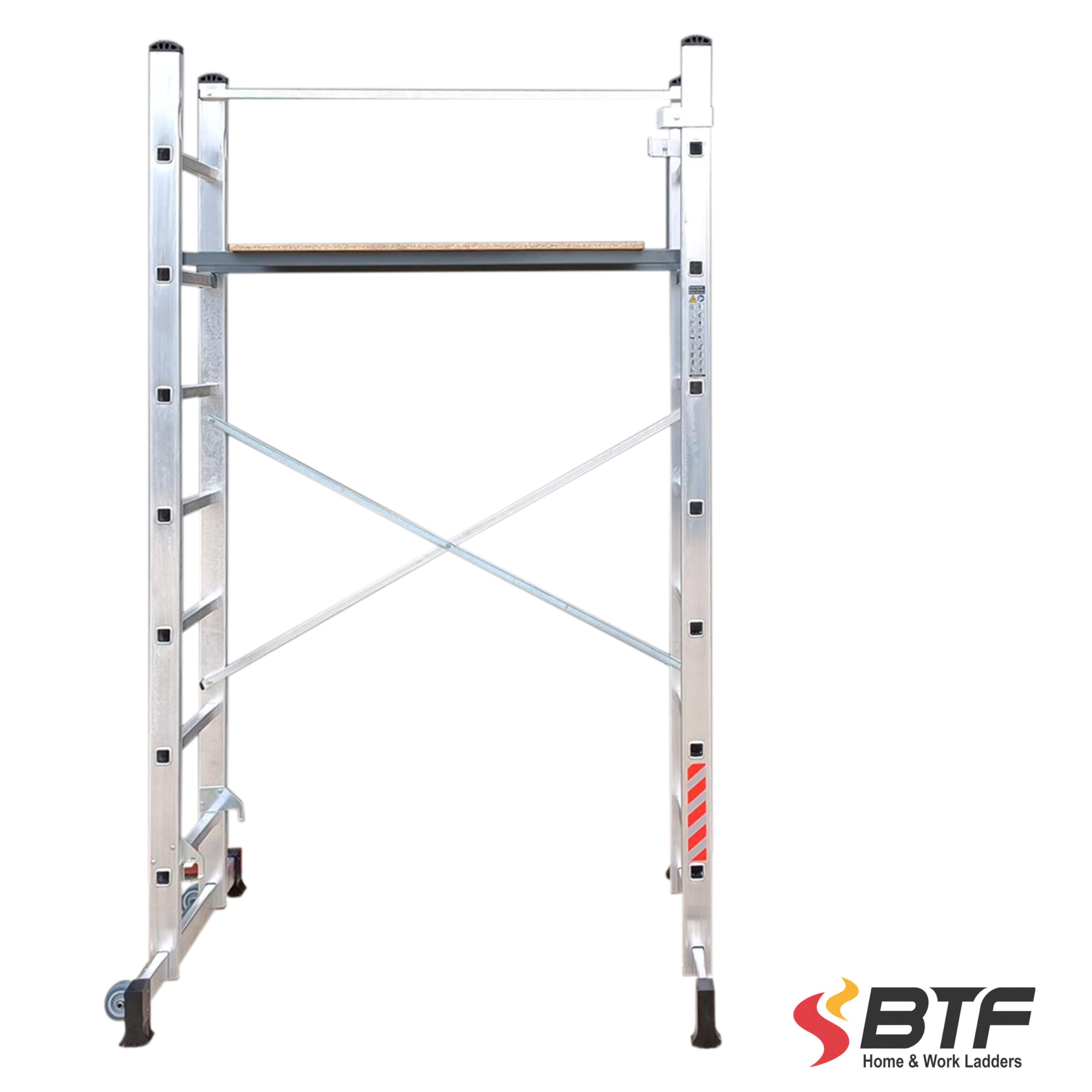 BTF Andamio Multifunción 4 en 1 en Aluminio | Convertible en Escalera Plegable, de Apoyo, Extensión y Plataforma Regulable en Altura, Capacidad 150kg, Ruedas y Barandilla. Ref: BTF-A1009027