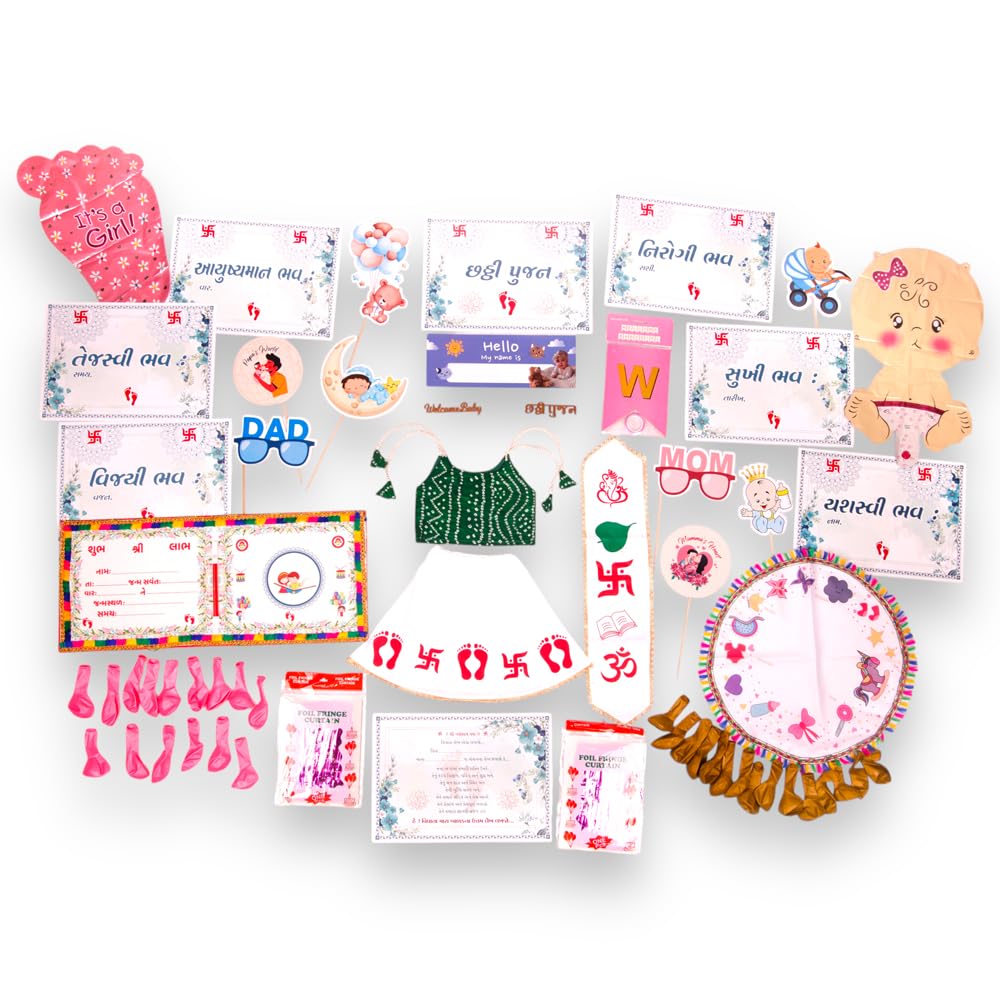 VIRTI MINI ME Chhathi Pujan Set for Baby Girl | Complete Pooja Kit with Baby Dress, 8 Vidhata Lekh, Blessing Cards, Decor & Accessories | Ideal for Namkaran & “It’s a Girl” Celebration