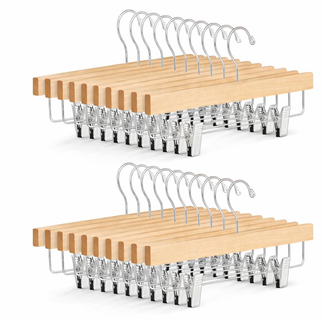 Photo 1 of 20 Pack Natural Wooden Pants Hangers with Adjustable Clips, Wood Skirt Hangers Trouser Hangers with 360° Swivel Hook for Jeans, Slacks, Shorts