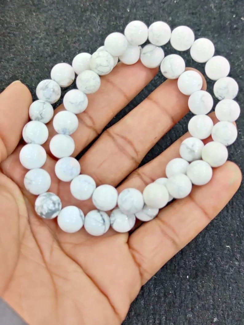 Howlite - Braccialetto in stile bohémien, con pietre semipreziose naturali, 10 mm, con perline rotonde lisce da 10 mm, braccialetto elastico per meditazione spirituale, regolabile, unisex, 17,8 cm,