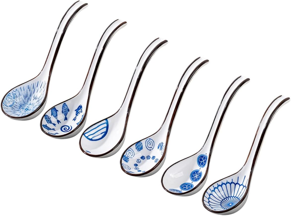 Hemobllo 6pcs Blue and White Porcelain Ceramic Soup Spoons for Ramen Dumplings and Rice Paddle, Chinese Asian Style Soup Ladle Spoons for Home Kitchen Dining