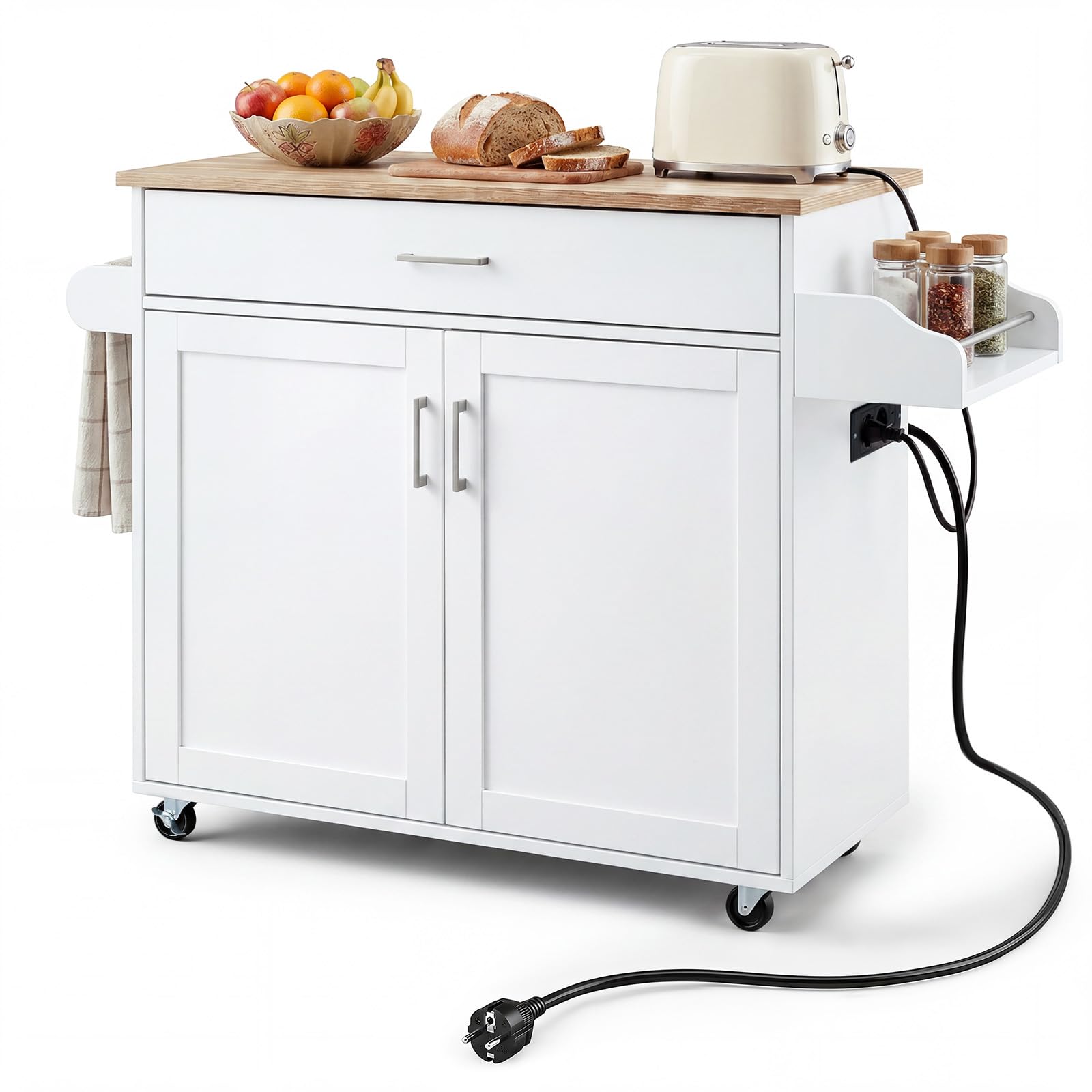 COSTWAY Carro de Servicio Comedor con Ruedas,Toallero,Cajón, Puerta y Estantes Gabinete, Carrito de Cocina con Alargador, Mueble de Cocina,Blanco