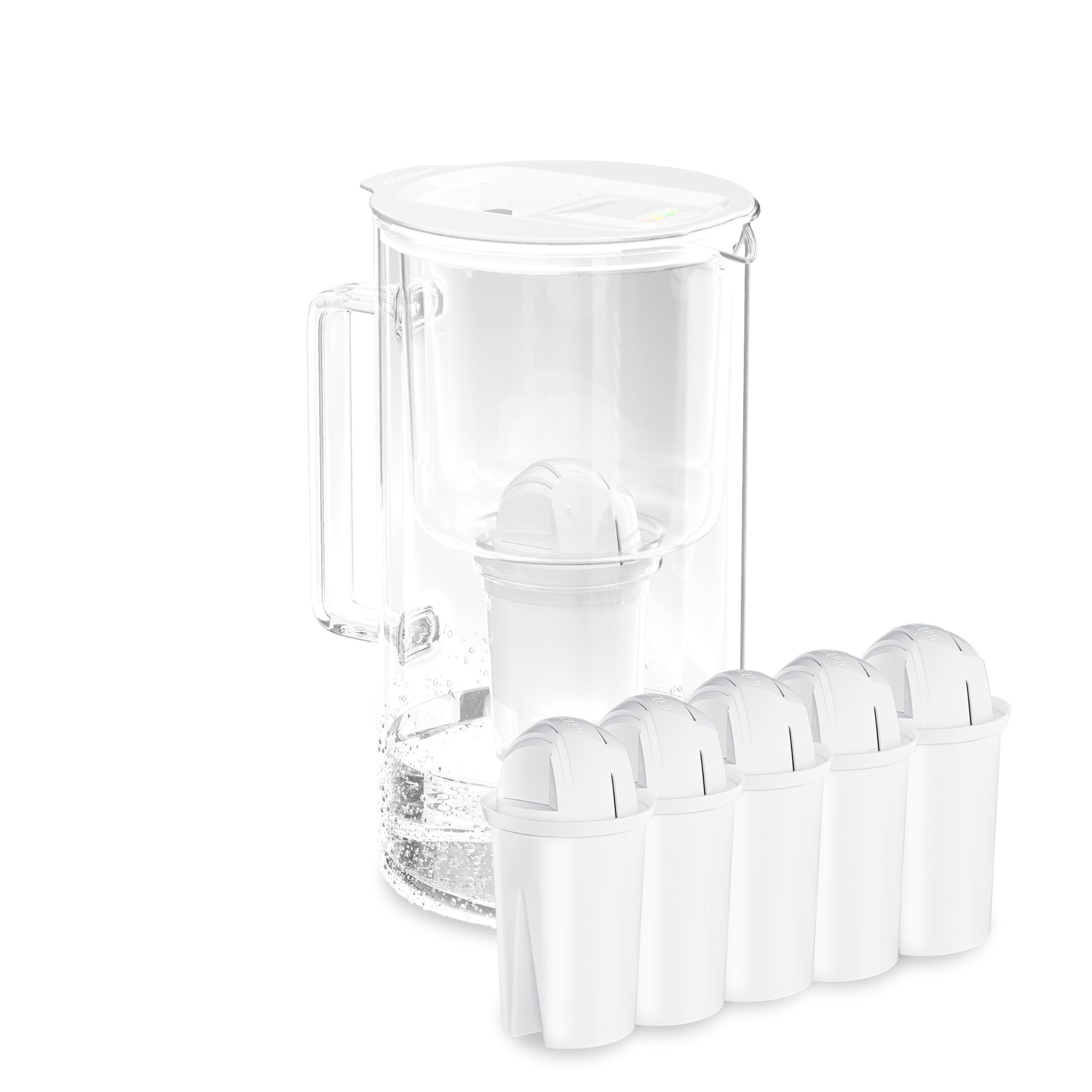 Wessper carafe filtrante verre 2L avec compteur LED, 5 filtre classic Blanc | carafe filtrante d'eau, pichet en verre, carafe eau compacte avec 2 cartouche filtrante à charbon actif, sans BPA
