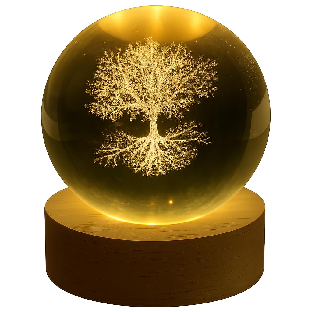 3D Tree of Life Crystal Ball Night Light – LED Glass Sphere Lamp with Wooden Base | Inspirational Home & Office Decor Gift-image-7