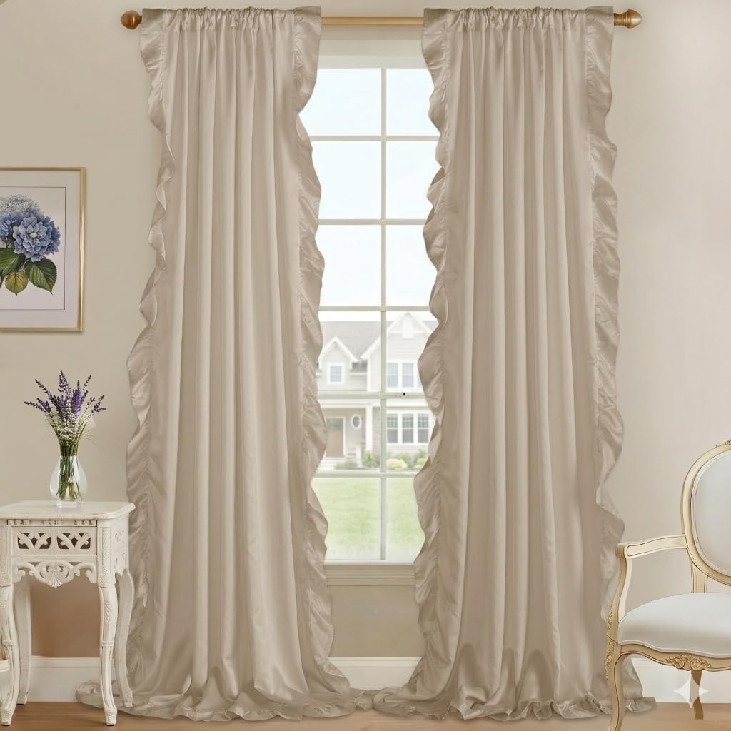 StangH Vintage Beige Ruffle Curtains for Bedroom, Elegant Design, Light Filtering Drapes for Living Room, Perfect for Farmhouse Style, Girls Room, Woman, W52 x L84, 2 Panels
