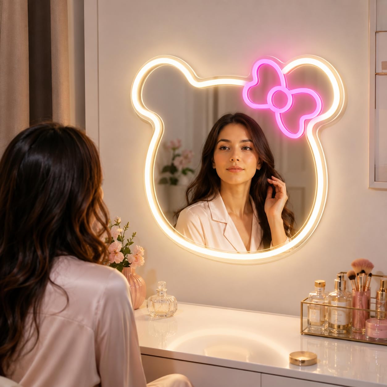 VNDRA® Anime Kit Neon Sign Mirror,15 13 inches, for Bedroom Wall Decorate, Dresser, Makeup Mirror, Living Room, Kid Room, Neon Light led Acrylic Mirror with Valentine's Day Gift (Warm White+Pink)-image-38