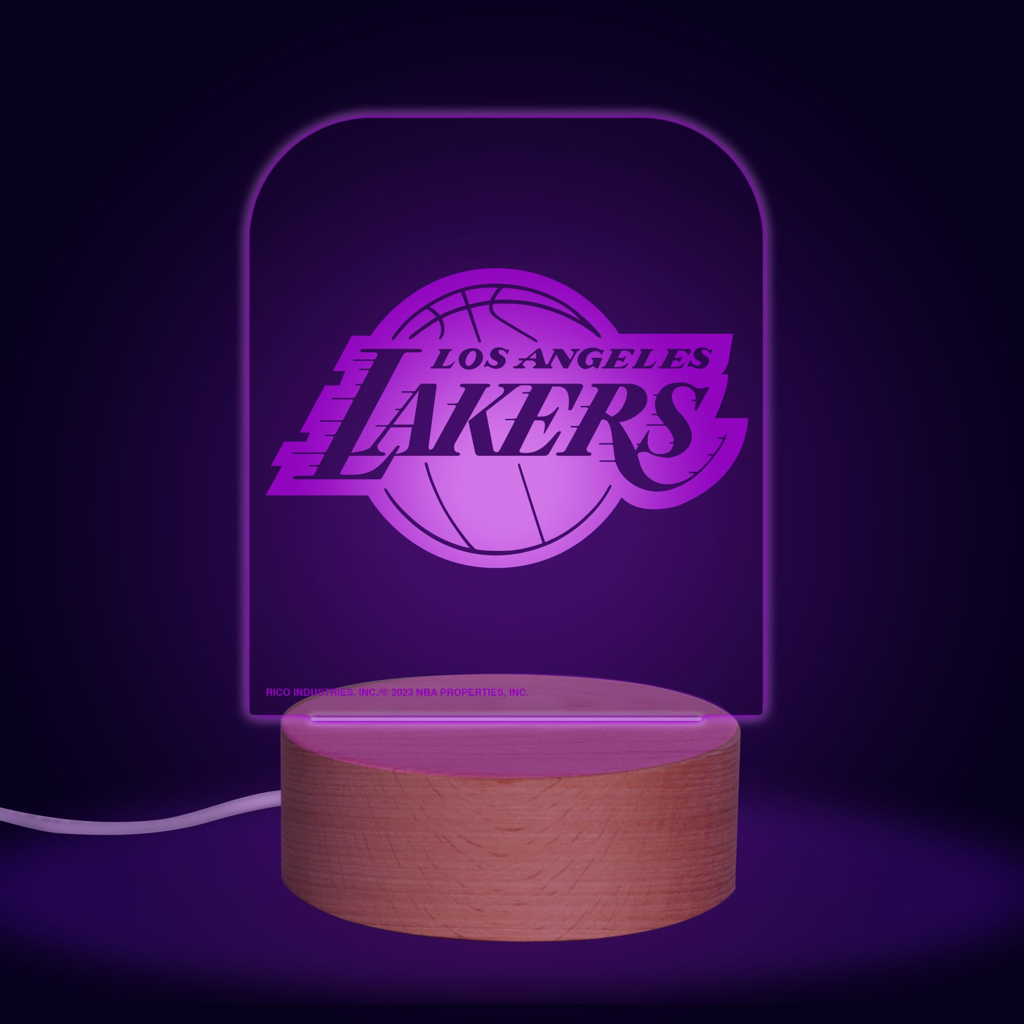 Rico Industries NBA Basketball Los Angeles Lakers Team Logo LED Desk Light Up Sign, 7 Color Changing LED Night Light, Wood Base with USB Cord Included, Ideal for Home and Desktop Decoration