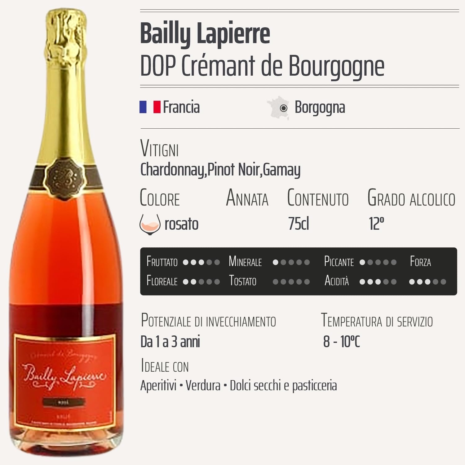 Crémant de Bourgogne Brut rosato - Bailly Lapierre - DOP - Borgogna - Francia - Vitigni Chardonnay,Pinot Noir,Gamay - 6x75cl