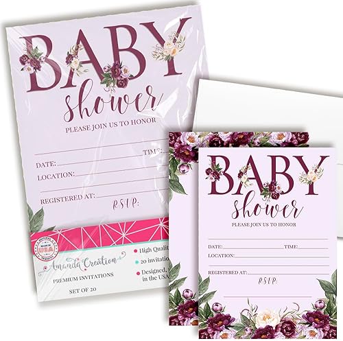Miniatura 1 de AmandaCreation - Invitaciones de ducha para bebé diseño floral de peonía 20 tarjetas de 50 x 70in con 20 sobres blancos