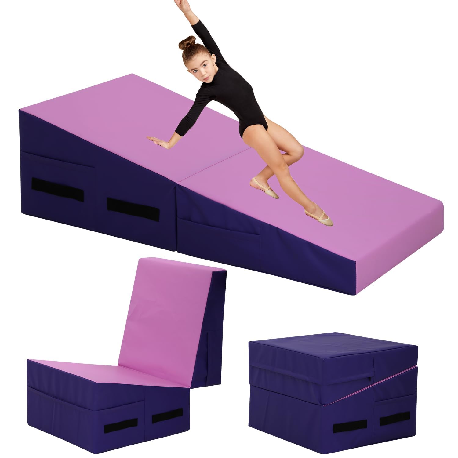 Folding Incline Gymnastics Mat for Tumbling, Folding Tumbling Mats Cheese Wedge Incline Mat with Non-Slip PU Leather Surface & Handles, Gym Fitness Tumbling Matts for Kids Girls Home Training Exercise