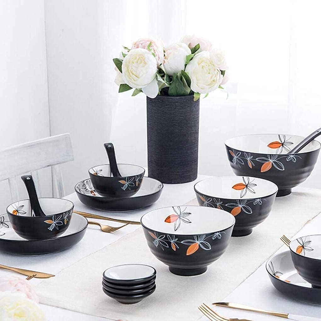 Vaisselle en poterie, Service de Table en Porcelaine Noire 20 pièces avec Motif Floral Service de Vaisselle en céramique pour 6 Personnes(
