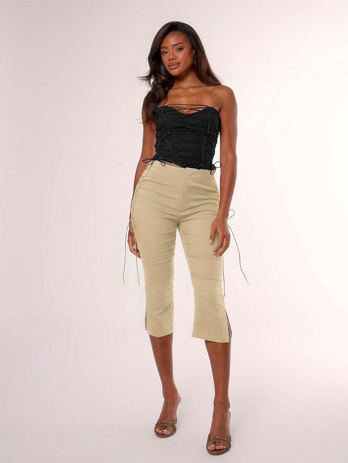 MakeMeChic Women's Going Out Capri Pants Sexy Y2K Lace Up Capri Pants High Waisted Skinny Stretchy Pants