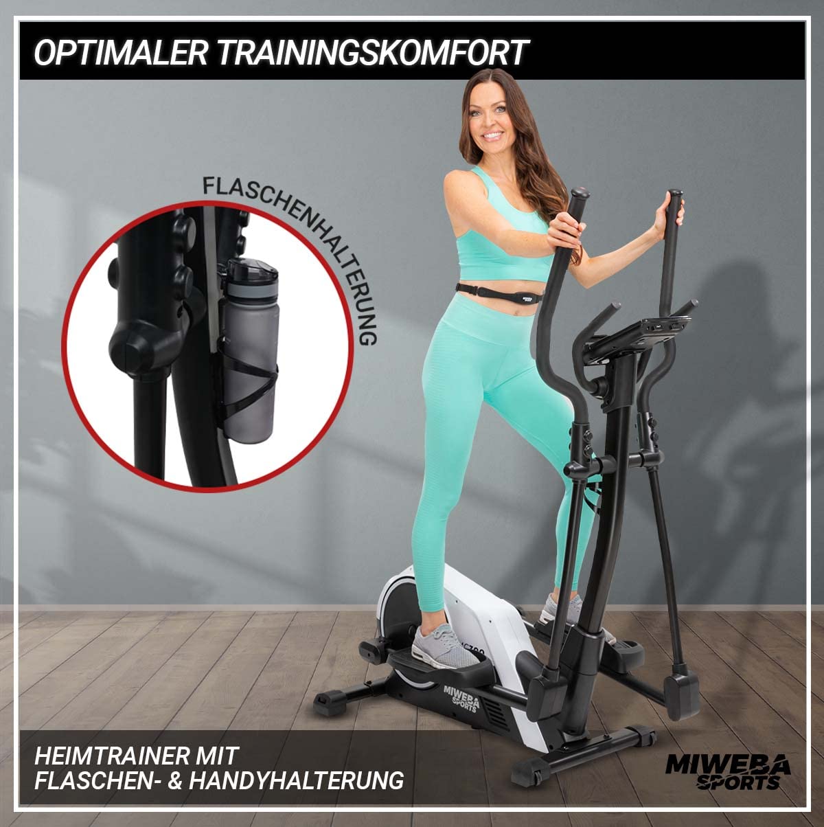 Miweba Sports Bicicleta elíptica profesional MC300 Stepper – con control por aplicación – 21 kg de masa oscilante – Bicicleta elíptica – Bicicleta estática eléctrica – Correa de pulso – Freno