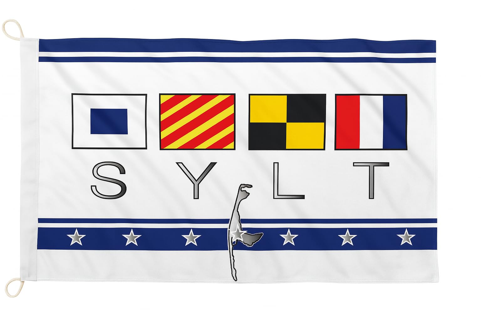 Flaga Sylt – morskie wzornictwo z flagami sygnalizacyjnymi i sylwetką wyspy, ultra chusta na flagę statku/150 x 90 cm