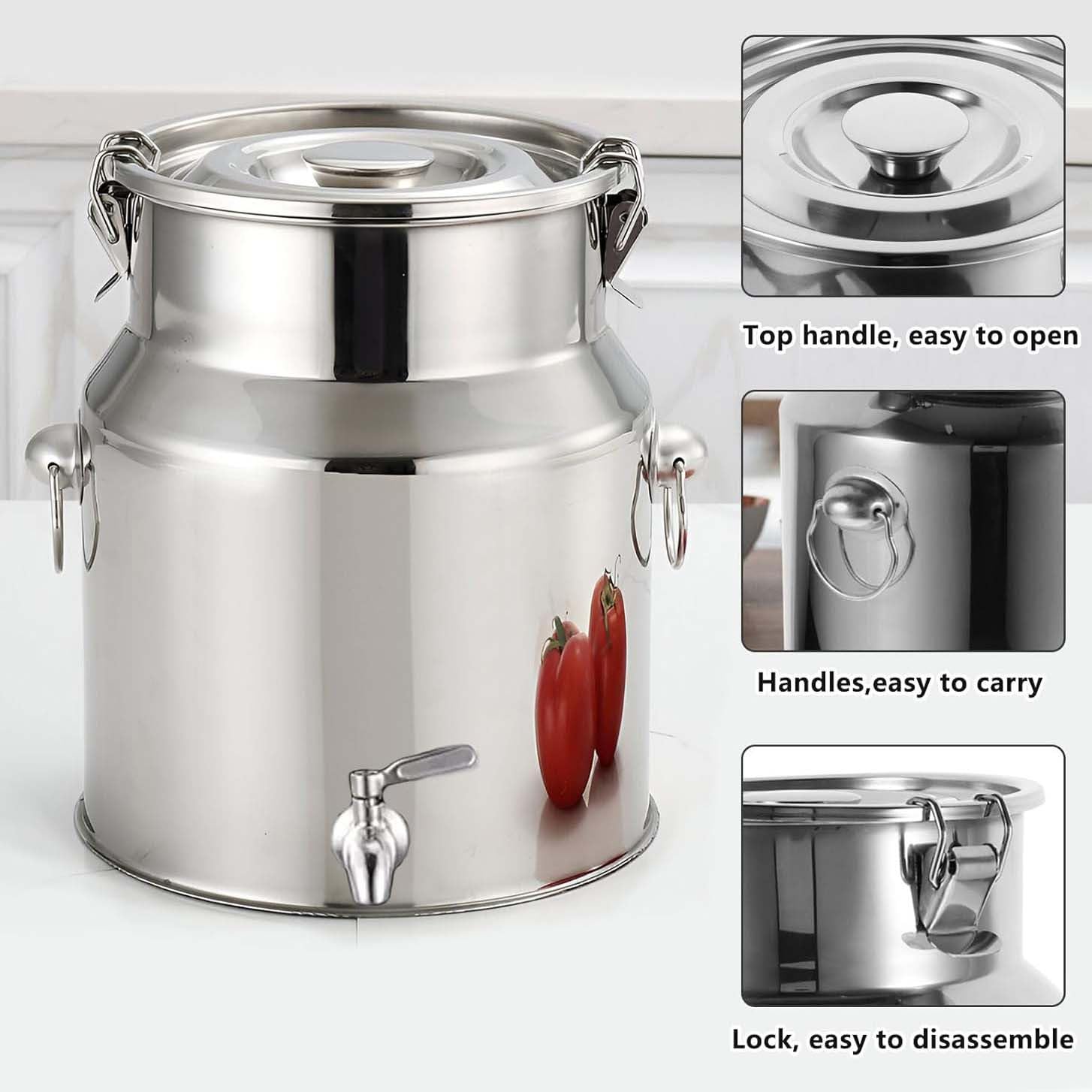 Contenedor de transporte de líquidos de 5 galones con sello seguro, ideal para almacenamiento de leche, agua, té y lácteos