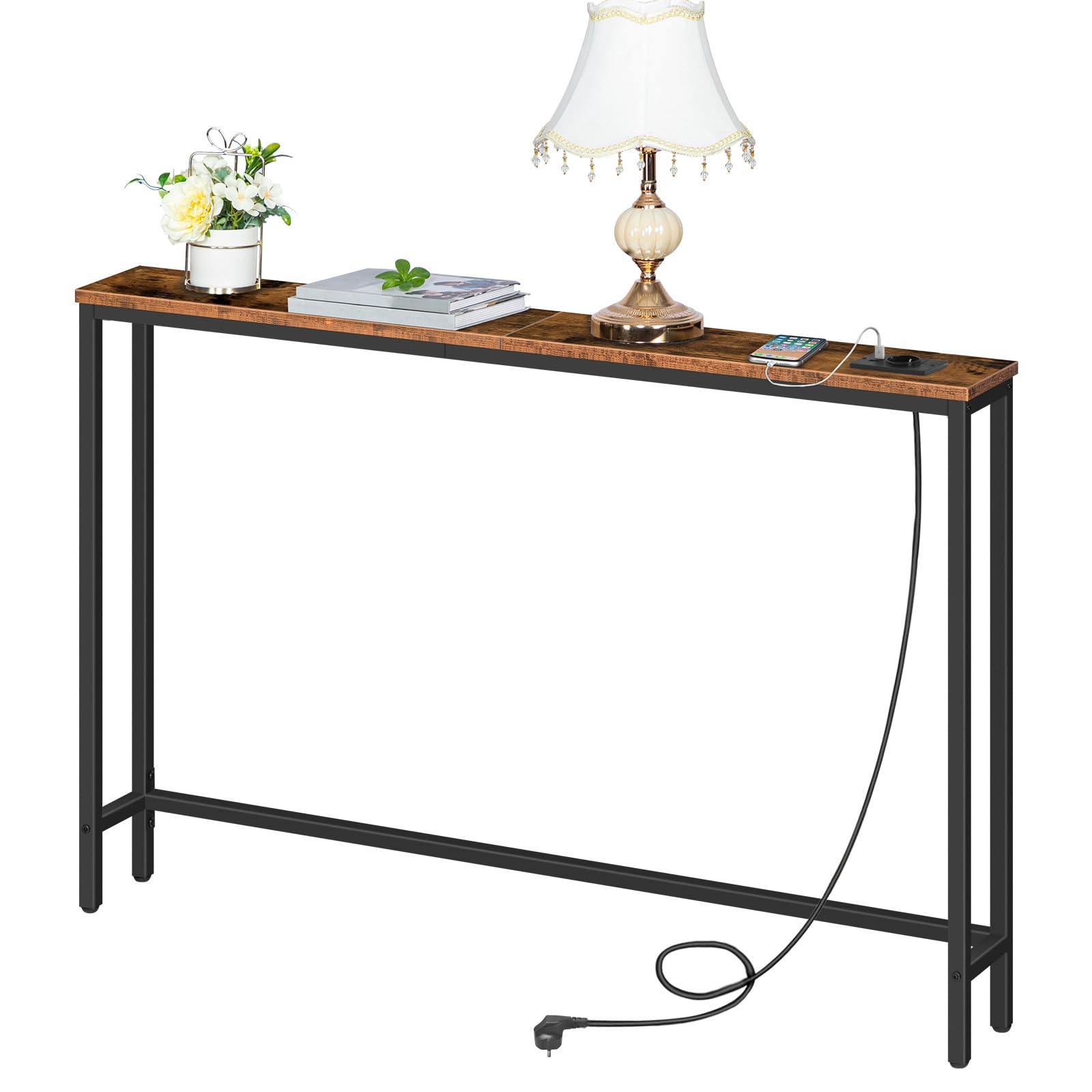 HOOBRO Console Meuble avec Multiprise (1 AC, 1USB-A, 1 Type-C), Table Console étroite avec Station de Charge, Bout de canapé, Table derrière Le canapé, pour Hall, Marron Rustique et Noir EBF15CXG01G1