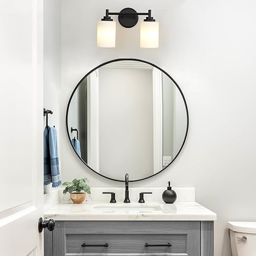 Miniatura 5 de Lámpara de baño negra mate, 2 luces para tocador de baño con pantalla de vidrio esmerilado blanco, modernos apliques de pared para dormitorio,
