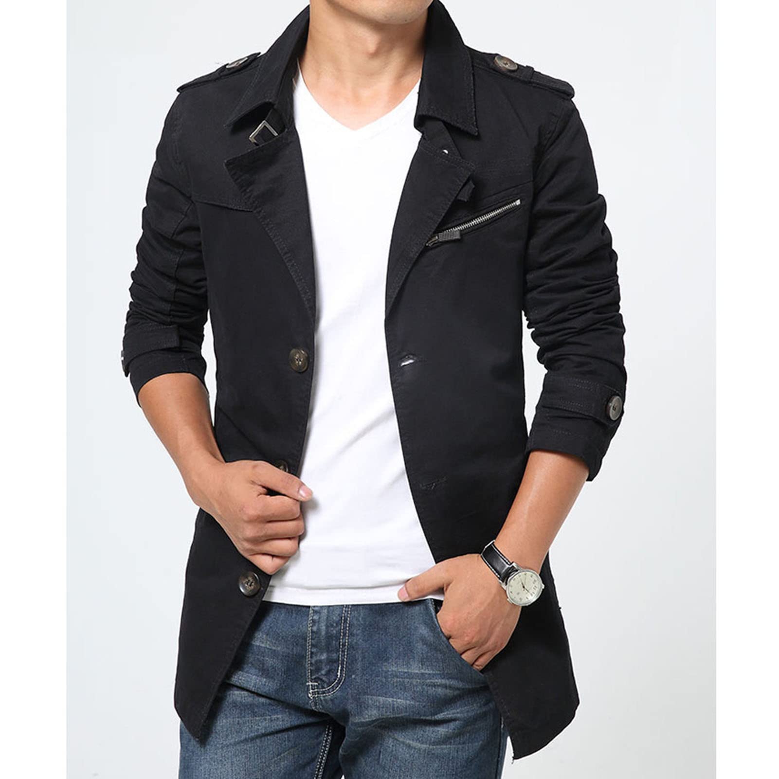 Maiyifu-GJ Men's Cotton Trench Coat Slim Fit Single Breasted Windproof Long Jacket Fall Casual Business Windbreaker Overcoat (Black,3X-Large)