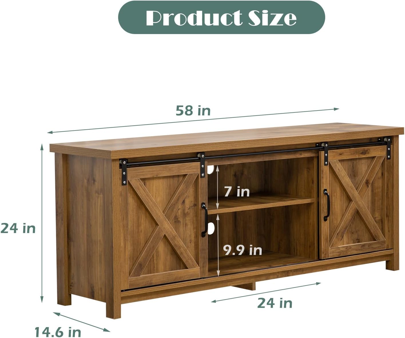 Diagram showing the dimensions of the TV stand: 58 inches length, 24 inches height, 14.6 inches depth