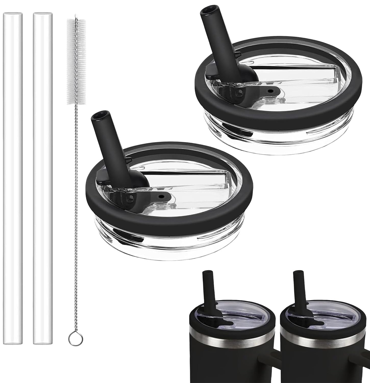 Bagtopia Replacement Flip Straw Lid Compatible with Stanley Quencher 30 oz Tumbler, Leakproof Cup Cover Accessories with Built-in Straw, BPA-Free Plastic Lid for Outdoor Sports, 2 Pack, Black