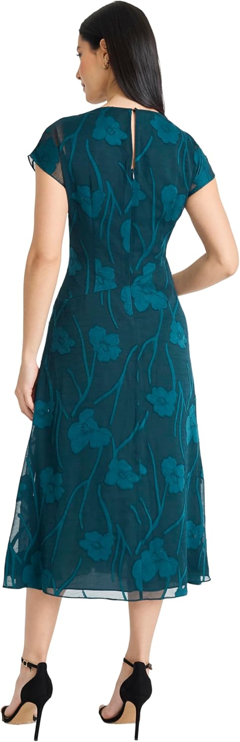 Maggy London Womens Women's Floral Jacquard A-line Midi Dress - Cap Sleeve Round Neck Wedding Guest Dresses - Image 3