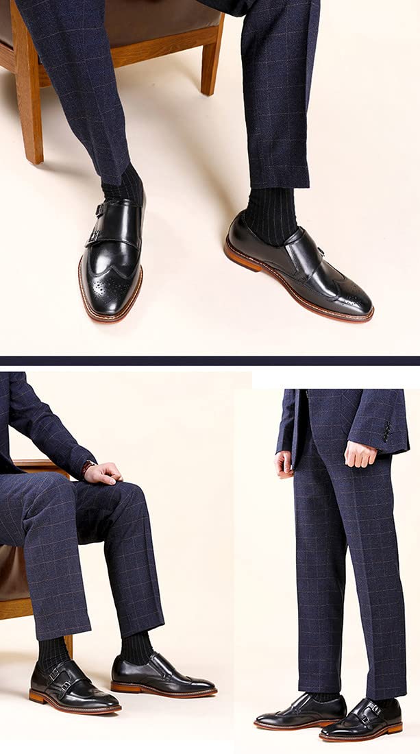 Zapatos de Doble Monje para Hombre, de Cuero, con Correa de Hebilla clásica, sin Cordones, con Punta de ala, Informales, para Boda, Mocasines Black 41 EU
