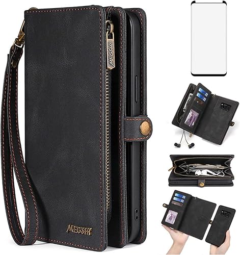 Asuwish Funda de teléfono para Samsung Galaxy S8 con cremallera, funda desmontable con protector de pantalla de vidrio templado y soporte de cuero
