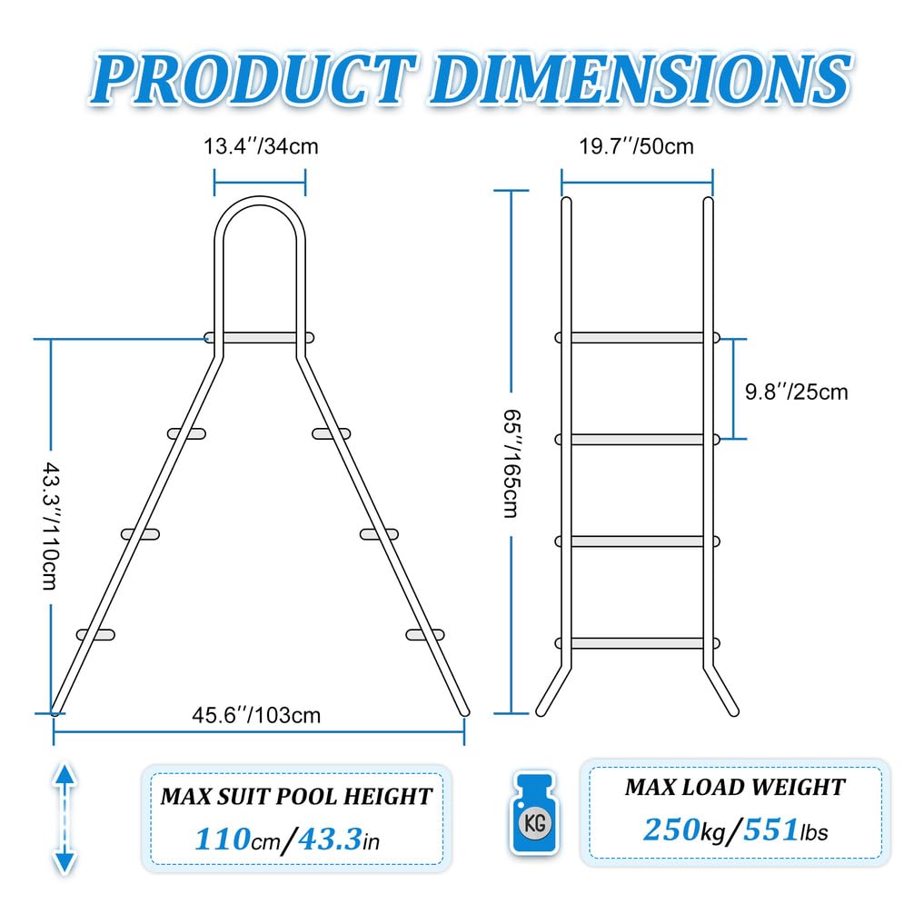 Escalera para Piscina, 3 Peldaños con Pasamanos Dobles y Peldaños Antideslizantes, Capacidad 250 kg, para Piscinas Elevadas de 110 cm Cualquier Superficie de Terraza,110cm