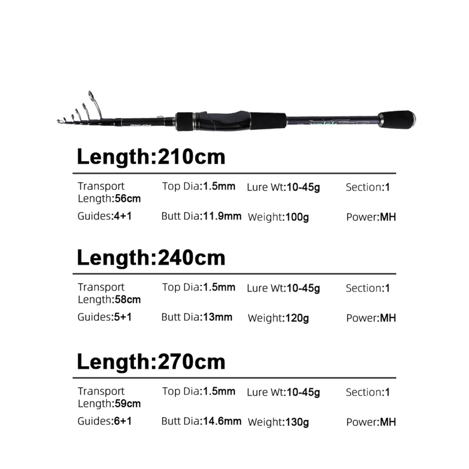 Canna da pesca telescopica 24T in fibra di carbonio 2.1M .4M .7M Canne spinning viaggio Peso esca 3-18g 6-27g
