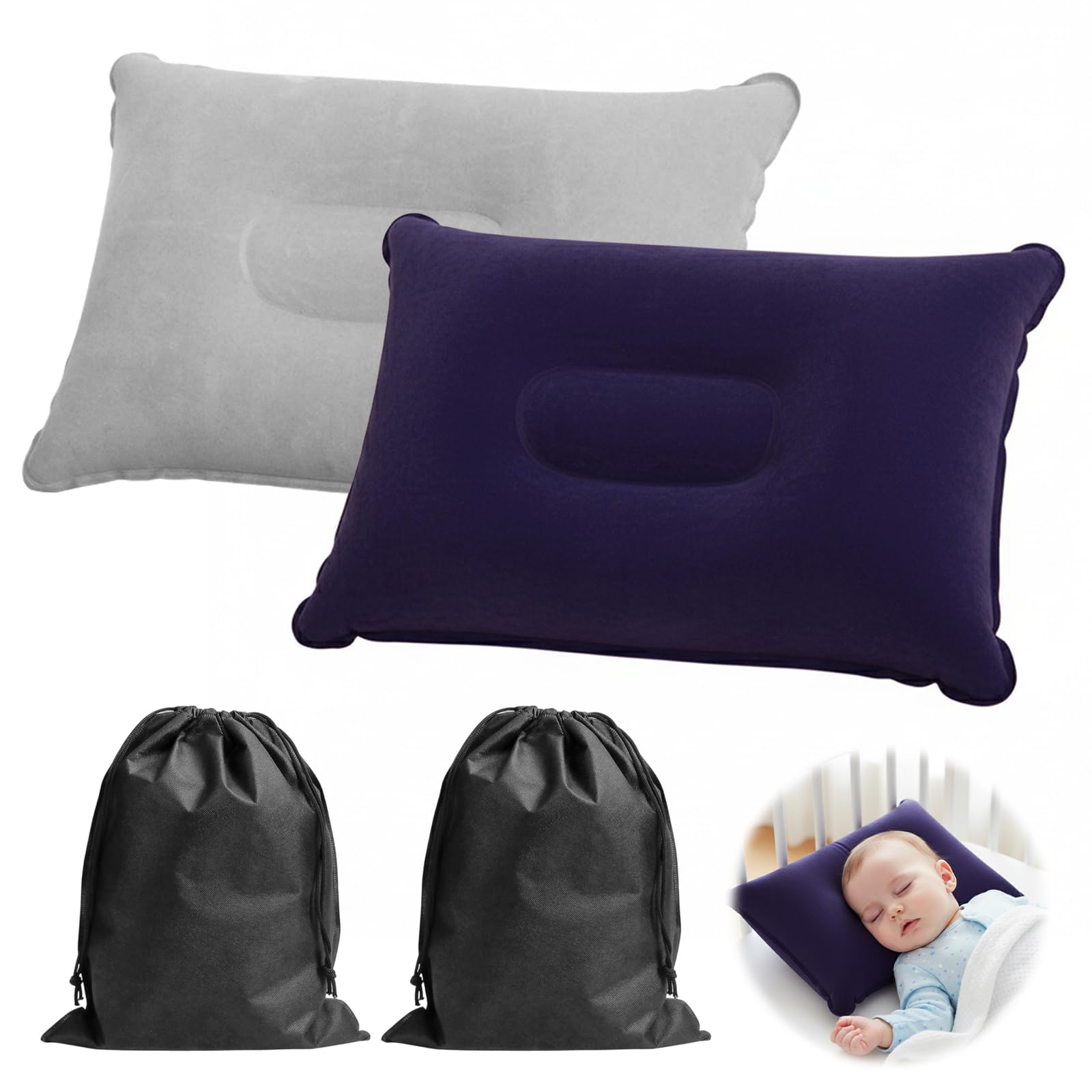 Almohada Hinchable 2 Piezas Camping Cojin Playa Inflable Cuello Viaje 34×22cm Gris Azul Marino