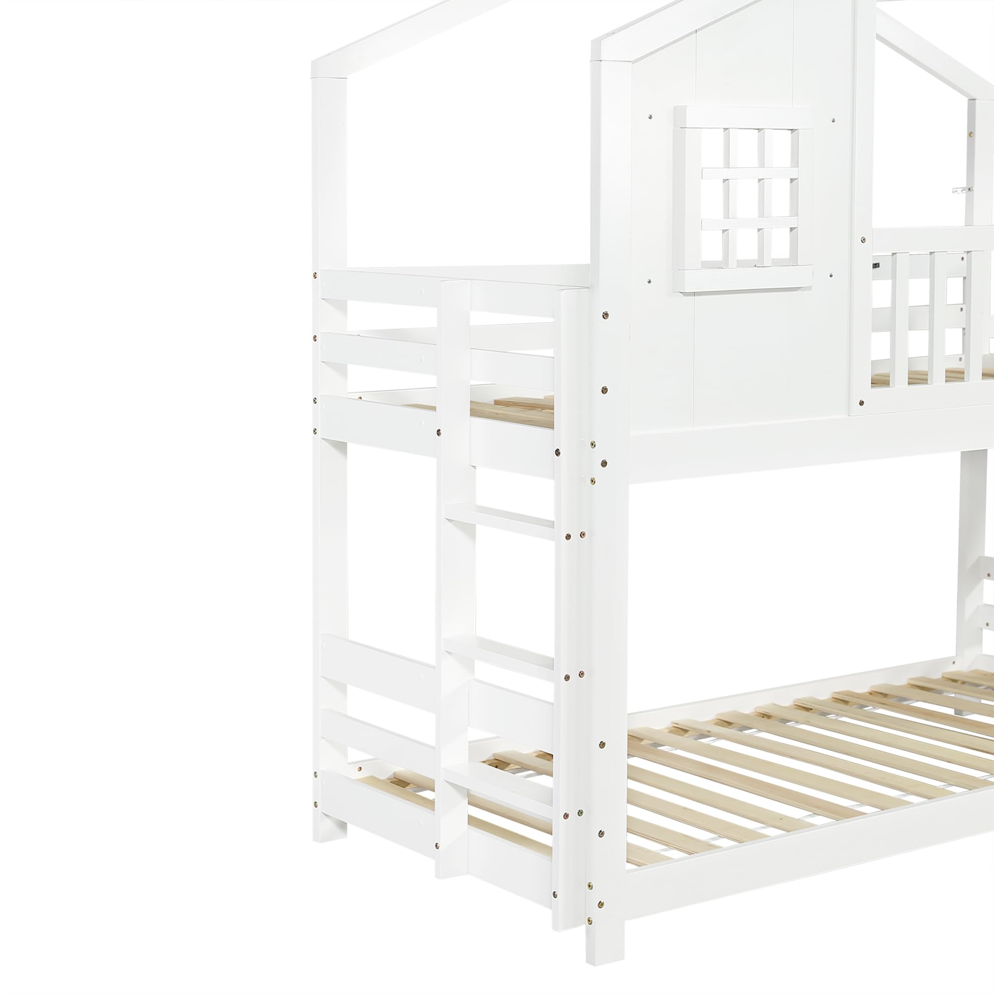 Etagenbett mit Kinderrutsche, Kinderbett, Exquisites Fenster- und Dachdesign, Stabiler Lattenrost und Stufen, Kiefer + MDF+Sperrholz, Weiß, 90x200cm