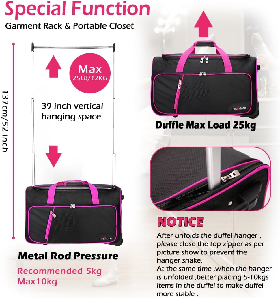 Dance Bag With Garment Rack,23inch Dance Competition Garment Bags with Clothes rack,Suitcase,Rolling duffle For Travel, Wheeled Drop-Bottom Upright Luggage Closet Suitcase (Pink