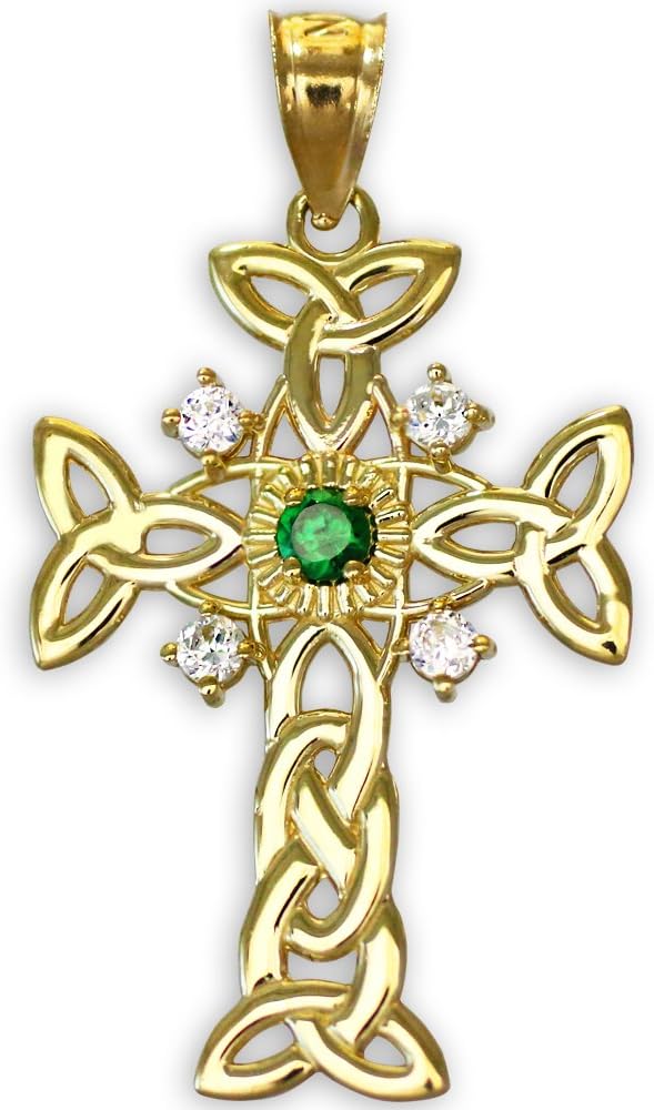 10k Gold Trinity Knot Diamond Celtic Cross Pendant with Genuine Emerald