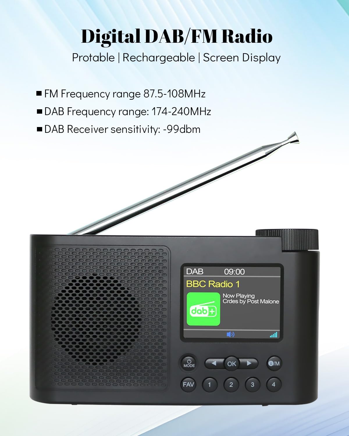 Radio portatil Pequeña, Radio Dab/FM, Radio con Bluetooth,Radio a Pilas Digital,Reloj con Doble Alarma, Temporizador de Apagado automático, 40 emisoras preprogramadas