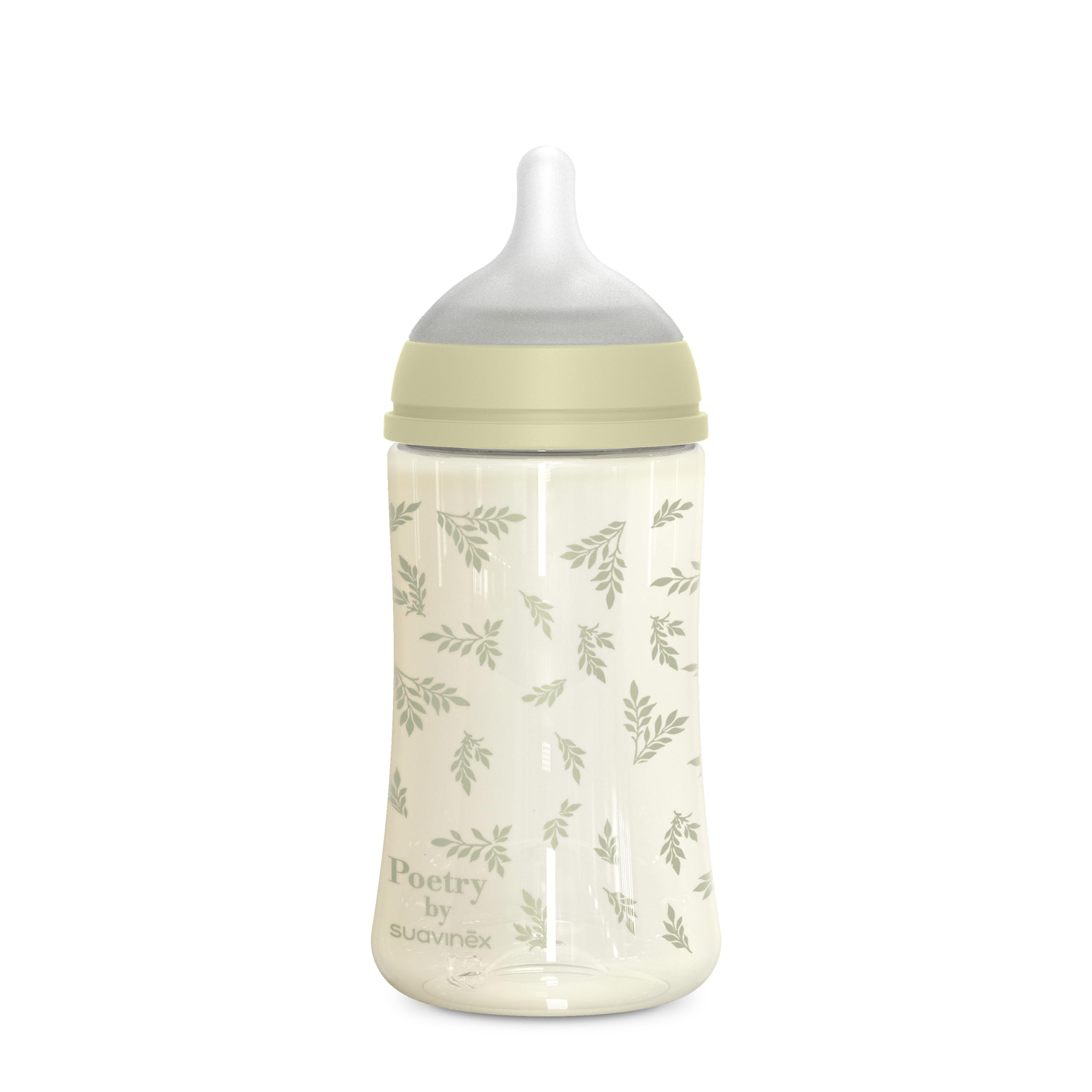 Suavinex, Babyflasche 270 ml mit physiologischem SX Pro Silikon-Sauger, Antikolik-Ventil, mittlerer Durchfluss (M), für Flüssigkeiten mittlerer Dichte, Milch, Säfte, Wasser. Babys +3 M. Poetry Grün