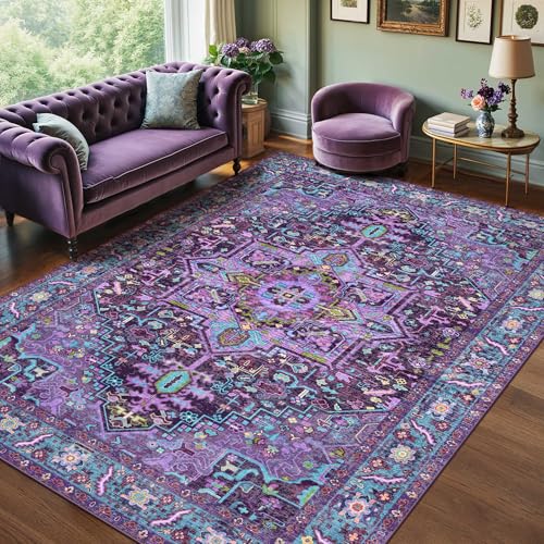 Kokia 8x10 Washable Area Rugs Violet Purple with Vintage Orient Design Soft Rug for Living Room or Bedroom Non-Slip Low Pile Stain Resistance Features Distressed Medallion Pattern
