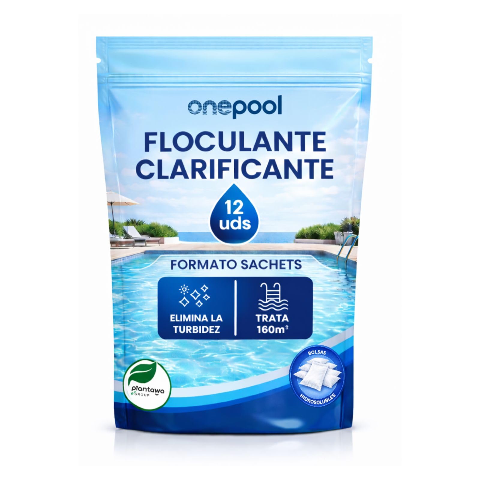 PLANTAWA Flocculante in polvere 12 bustine | Flocculante Chiarificante per Piscine, Equivale 1,5 KG, Eliminatore Turbidità, con Ingredienti Origine Naturale, Vegano, Tutti i Tipi Piscine, SPA