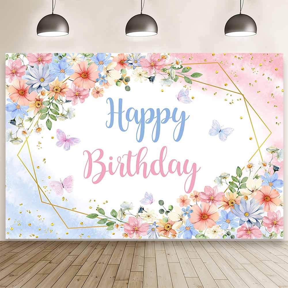 MEHOFOND 7x5ft Spring Floral Birthday Backdrop Girls Happy Birthday Photography Background Pastel Blue and Pink Flower Butterfly Glitter Confetti