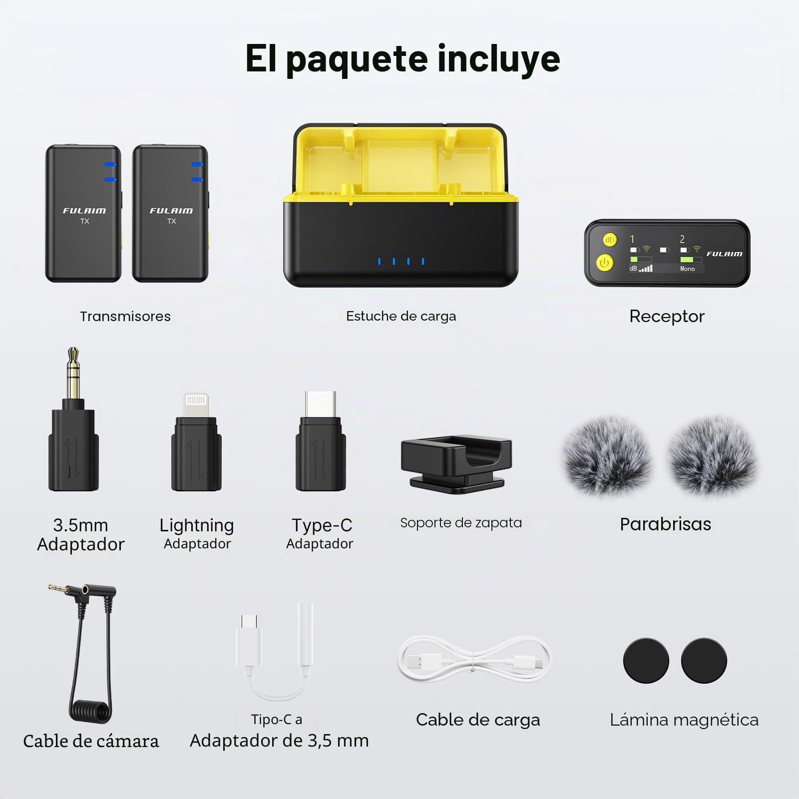 FULAIM X5M Micrófono inalámbrico 3 en 1, micro corbata portátil con reducción de ruido, transmisión de 200 m, compatible con iPhone/Android/Cámara/PC, 18 horas Autonomía, Plug & Play con funda de