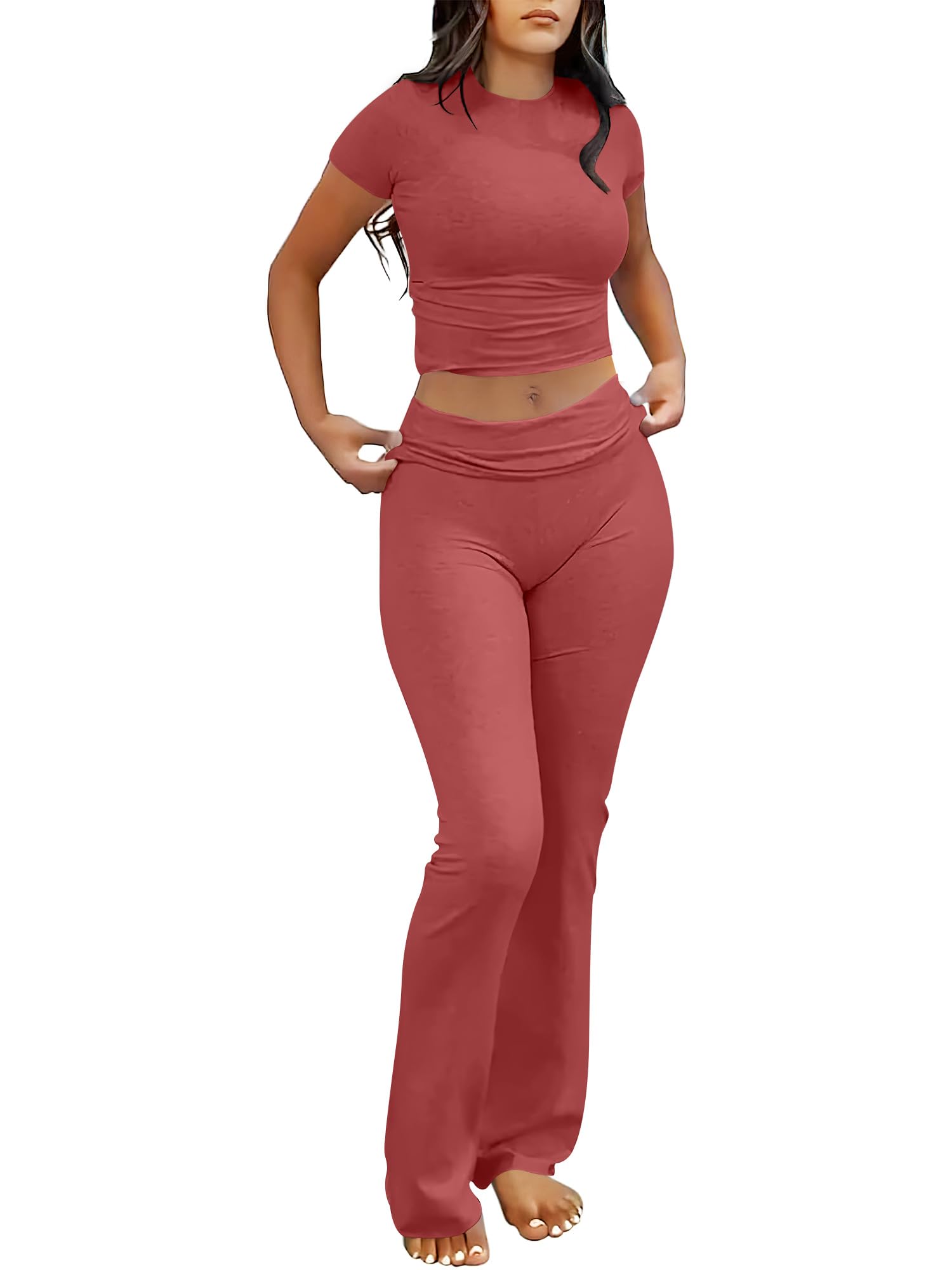 ANRABESS Lounge Sets for Women 2 Piece Foldover Yoga Flare Leggings Pants Crop Tops Casual Y2K Outfits Matching Tracksuit Set
